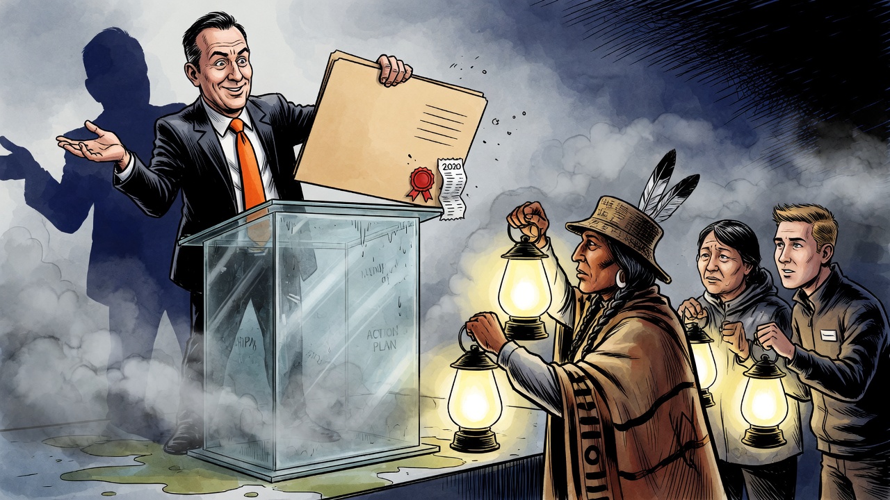 Editorial cartoon of a campaign podium made of fogged glass while voters and First Nations leaders shine lanterns looking for missing records