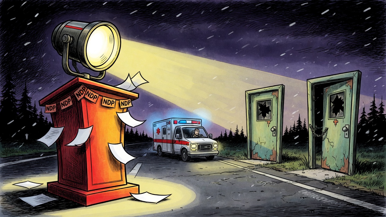 Editorial cartoon of a campaign health-care promise failing to unlock rural emergency room doors