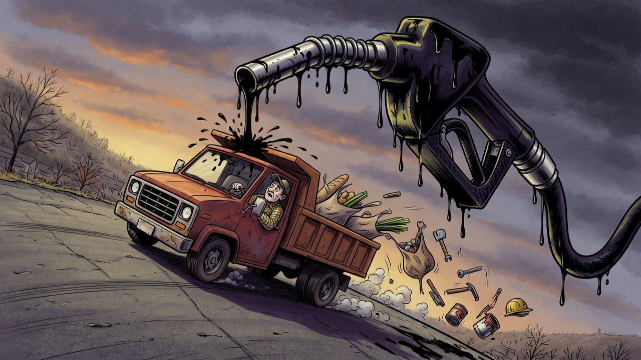 Editorial cartoon of a dump truck struggling beneath a looming diesel pump as groceries and tools slide behind it