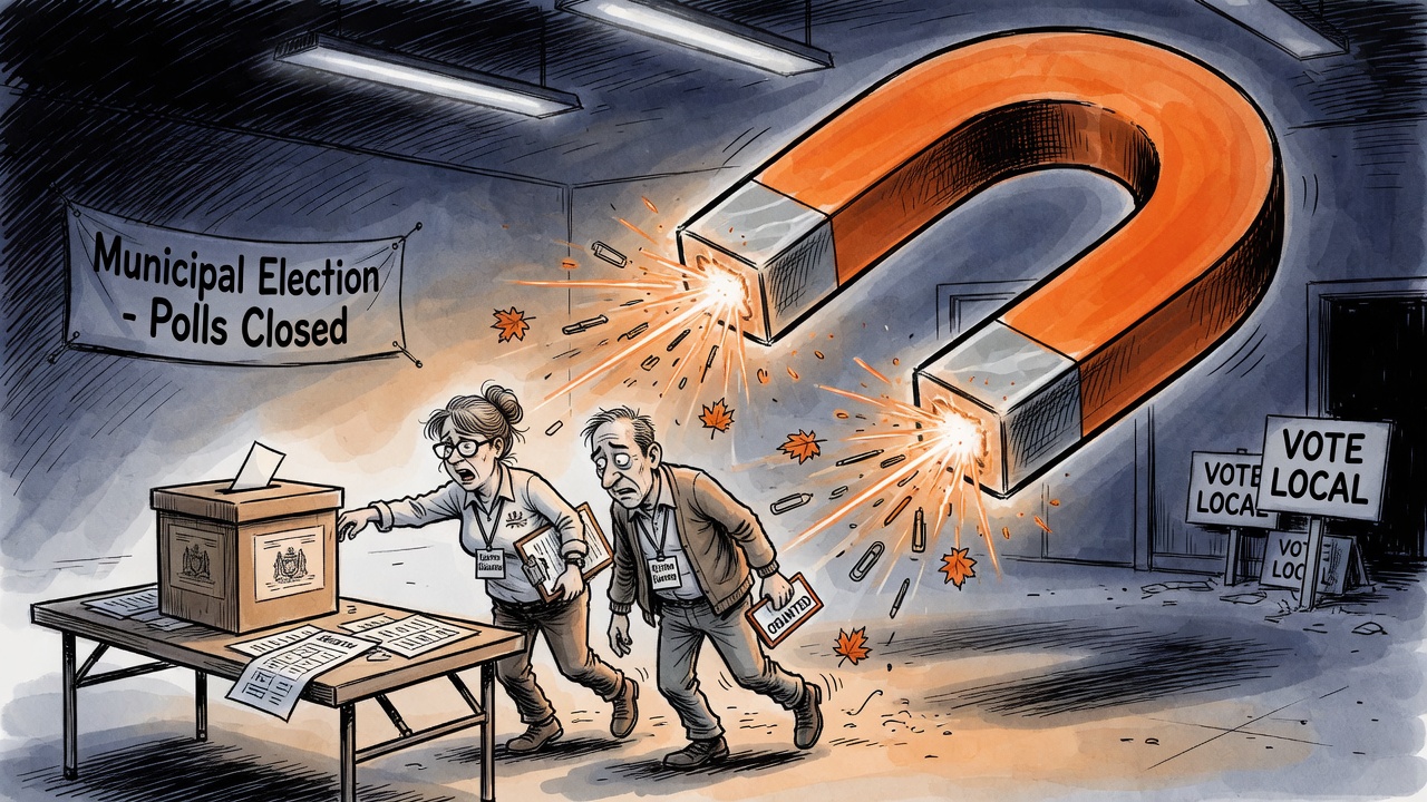 Editorial cartoon of municipal election workers and ballots being pulled from a city hall voting table by a giant snap-election magnet