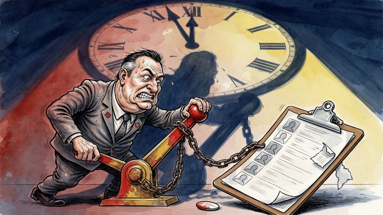Editorial cartoon of a premier-like figure pulling an election lever while chained to a half-empty candidate clipboard under a looming deadline clock