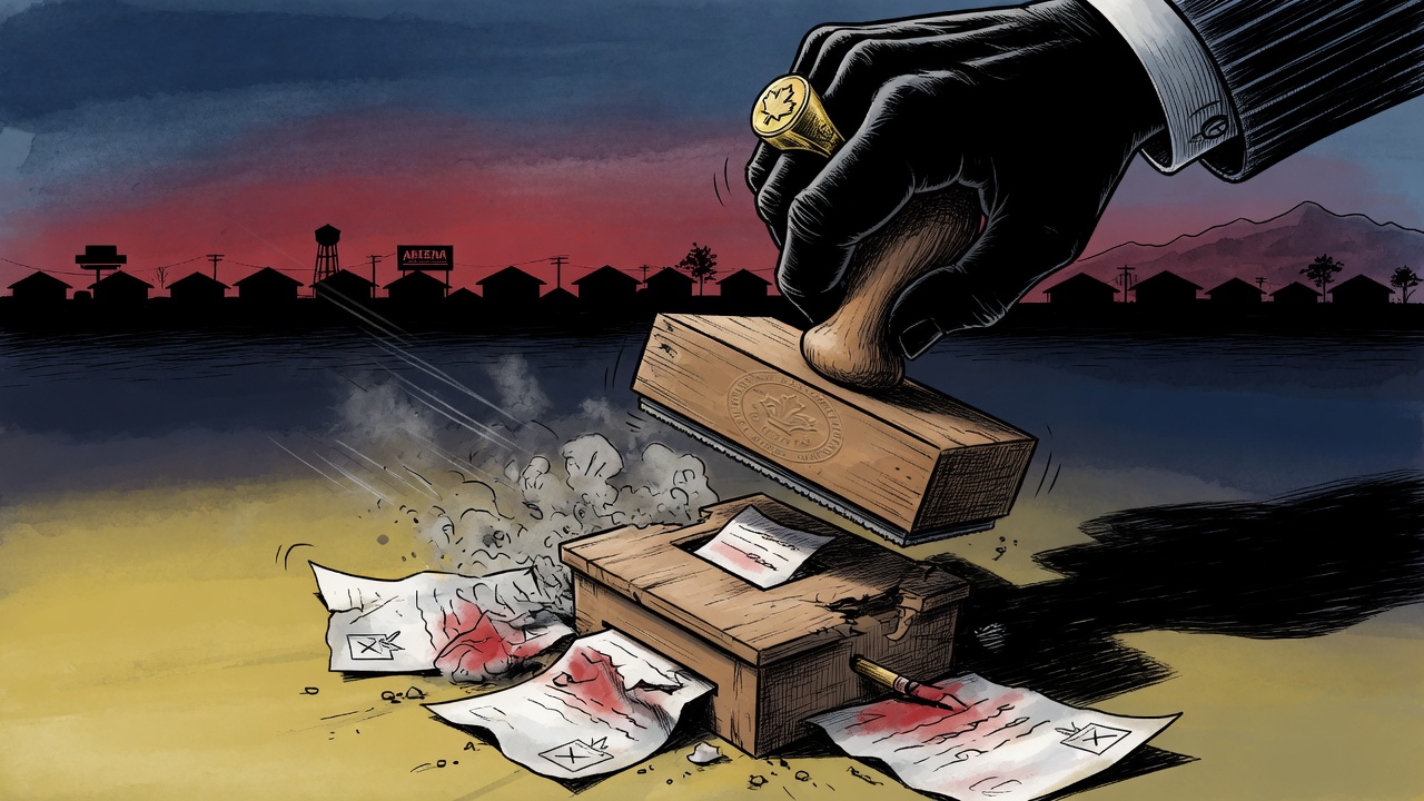 Editorial cartoon of a heavy election stamp crushing a small ballot box and freshly cast ballots