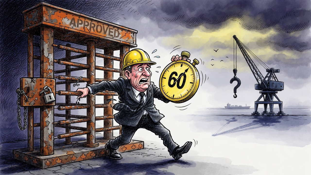 Editorial cartoon of a hard-hatted politician racing a stopwatch beside a jammed mine-approval turnstile while a port crane waits in the distance