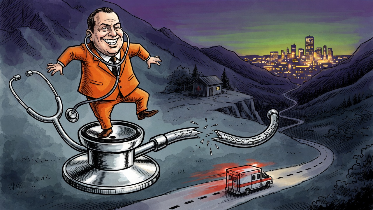 Editorial cartoon of a politician balancing on a shiny trophy-like stethoscope that breaks before reaching a dark rural clinic across a mountain valley