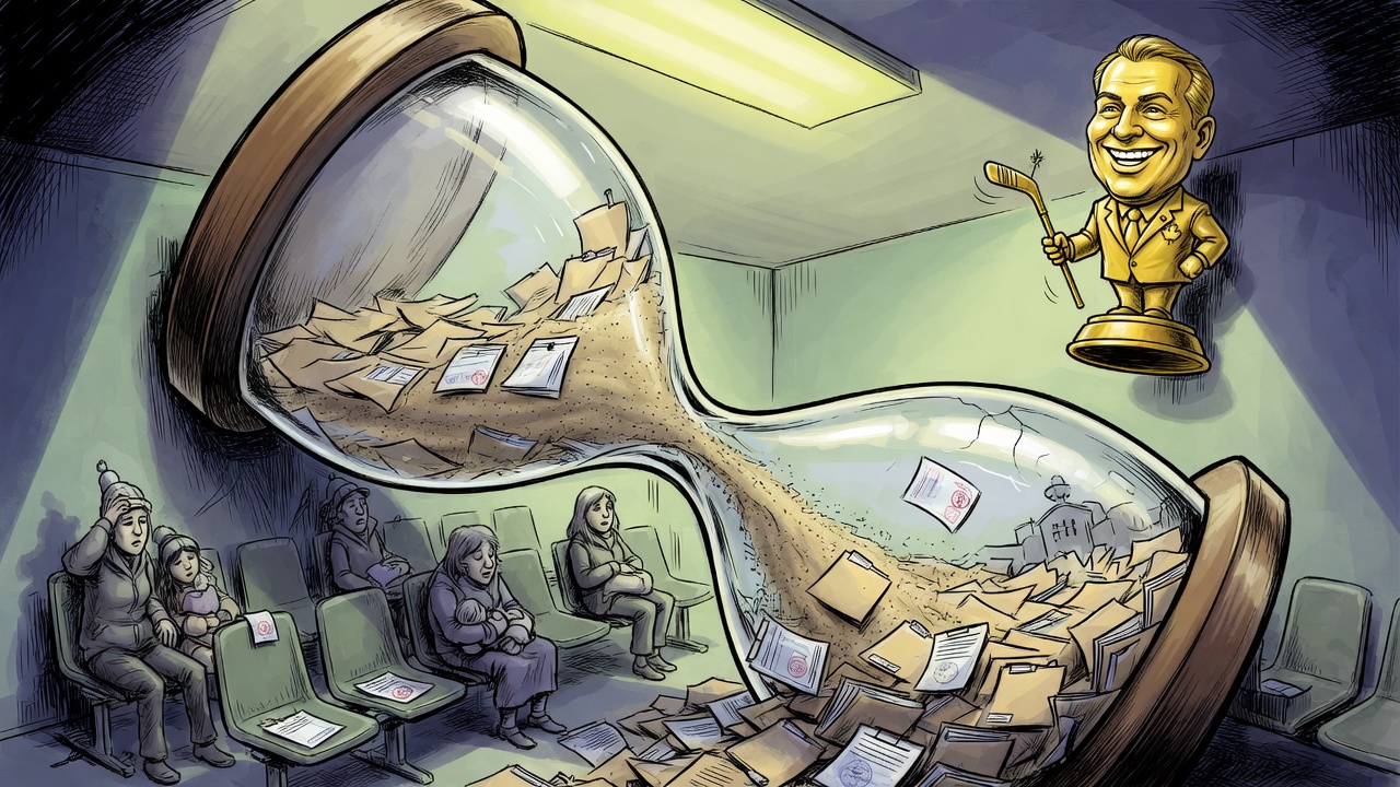 Editorial cartoon of a crowded hospital waiting room caught inside a giant hourglass while a politician polishes a small trophy nearby
