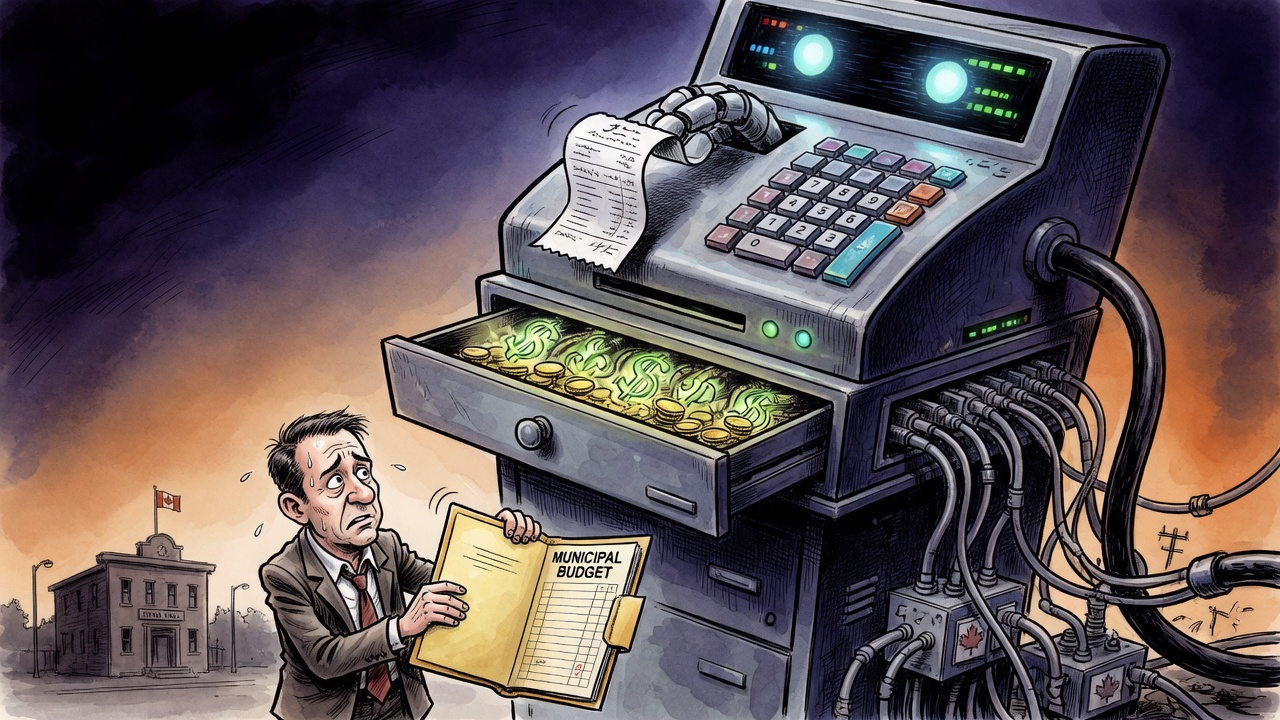 Editorial cartoon of a huge AI data-centre cash-register machine drawing power while a small-town mayor holds an empty municipal budget folder