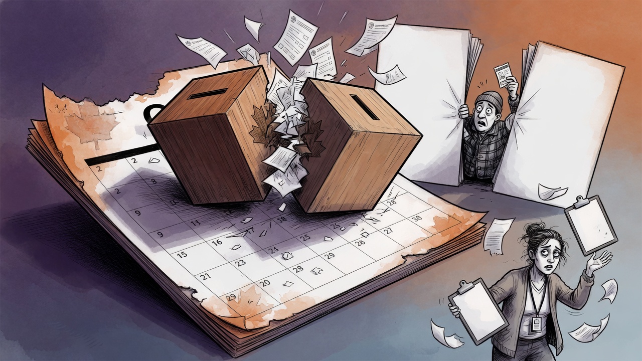 Editorial cartoon of two ballot boxes colliding on an October calendar while a confused voter and exhausted election worker are caught in the chaos