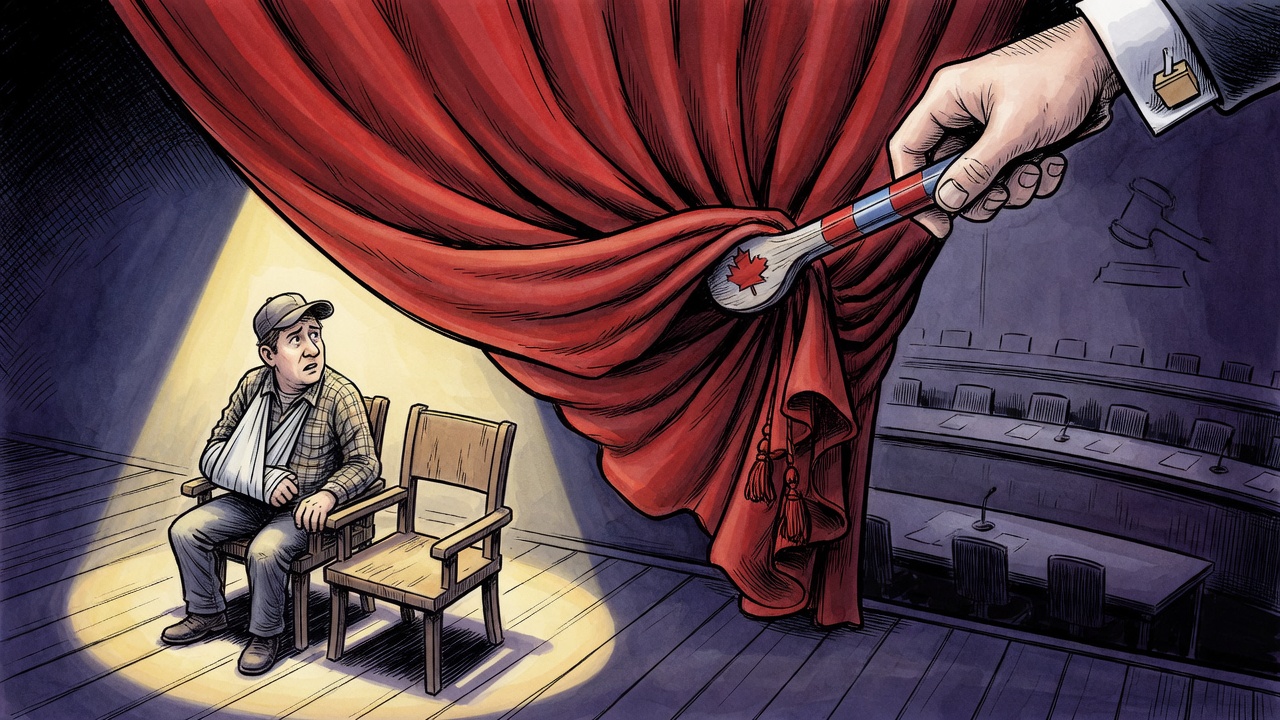 Editorial cartoon of an injured driver waiting as an election lever closes a curtain over an unfinished accountability hearing