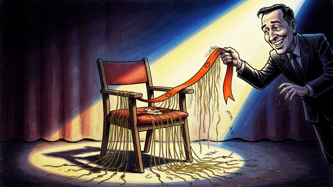 Editorial cartoon of a premier figure holding an unraveling campaign ribbon beside an empty campaign chair under a spotlight