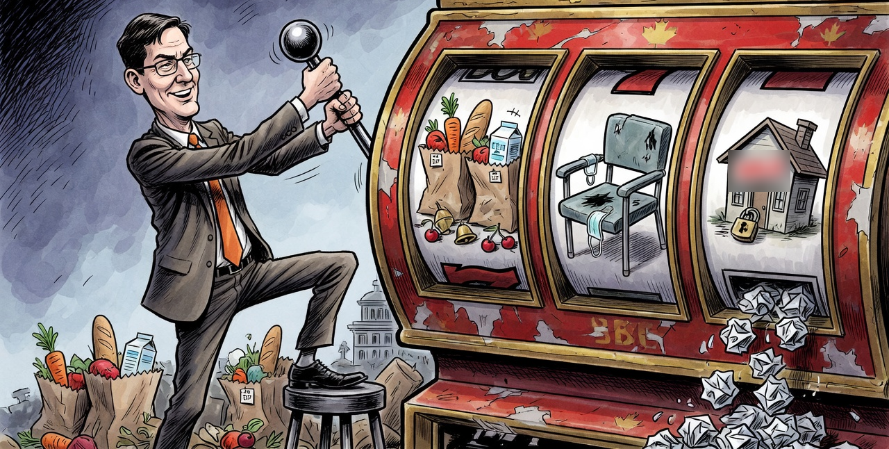 Editorial cartoon of David Eby pulling a giant snap-election slot-machine lever while affordability, health-care and housing symbols spill out instead of winnings