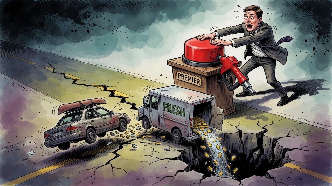 Editorial cartoon of a caricatured premier hitting a fuel-price panic button as cars, trucks and coins slide toward a budget hole