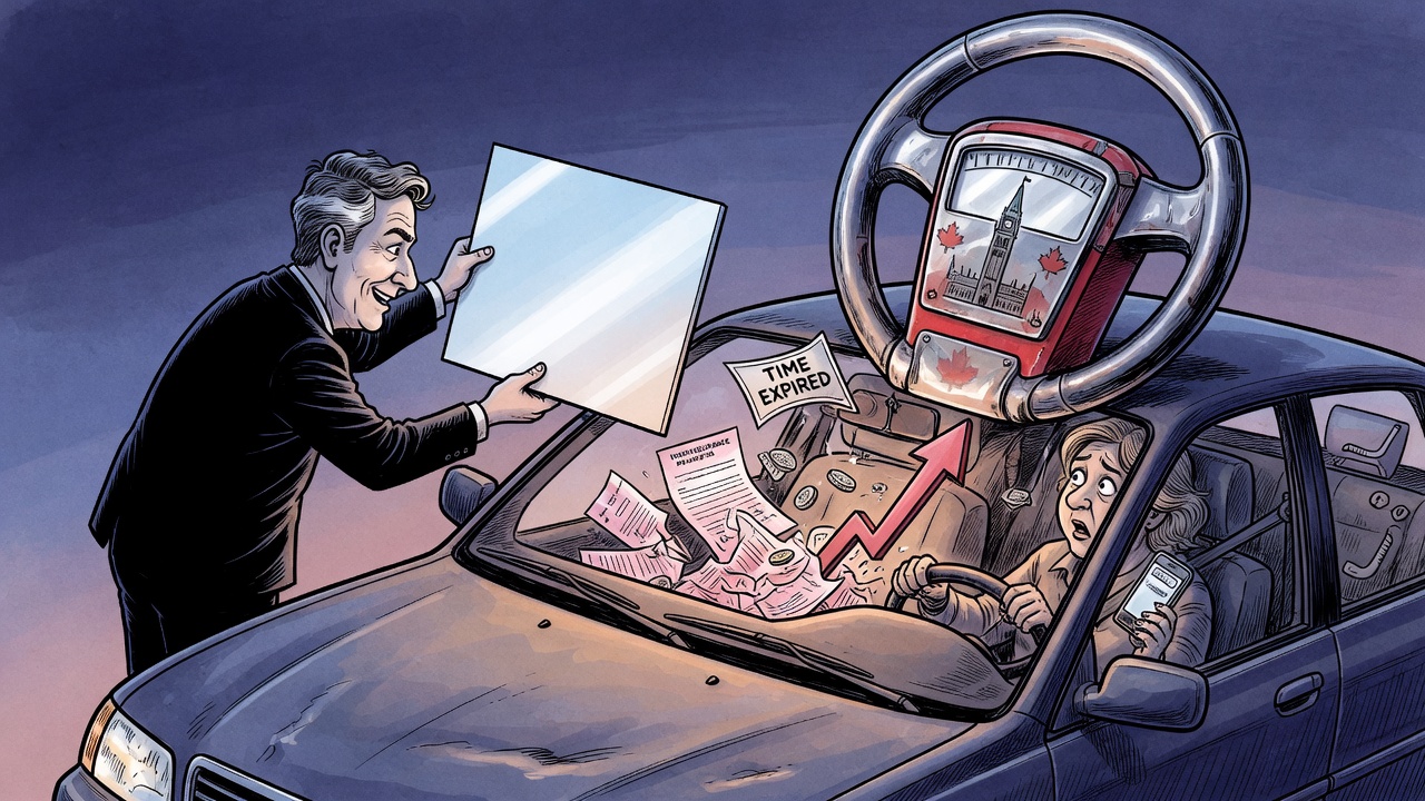 Editorial cartoon of a driver facing a hidden vehicle-cost meter at renewal time
