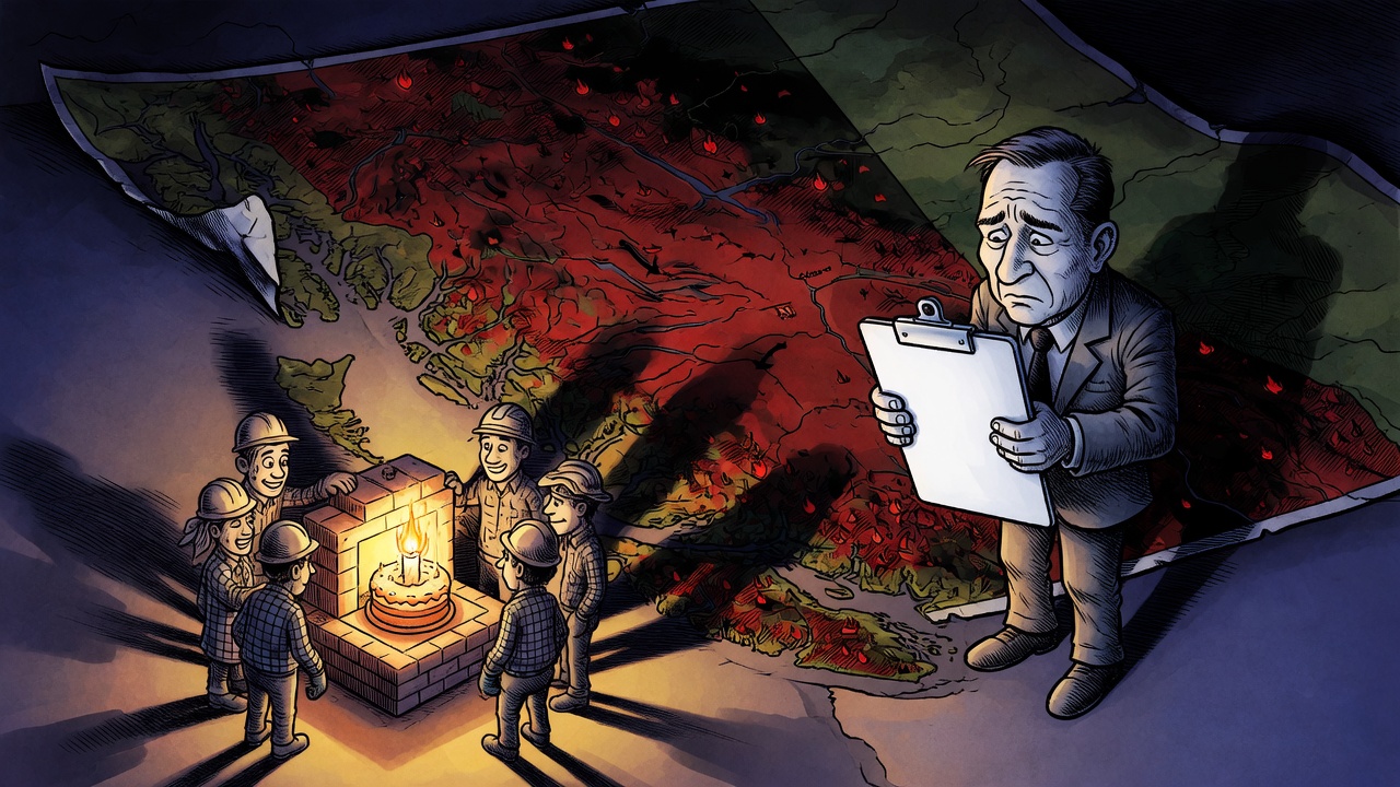 Editorial cartoon of a coastal pulp mill restart beside a blank forestry plan clipboard