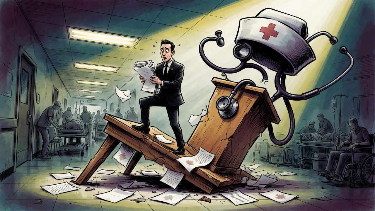 Editorial cartoon of a campaign podium collapsing into an overcrowded hospital hallway under the shadow of health-care workers