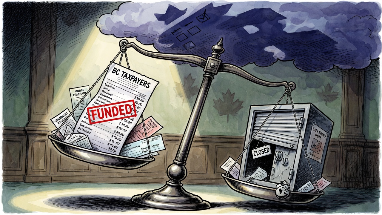 Editorial cartoon of courthouse scales balancing a taxpayer-funded receipt against a closed safe-supply storefront