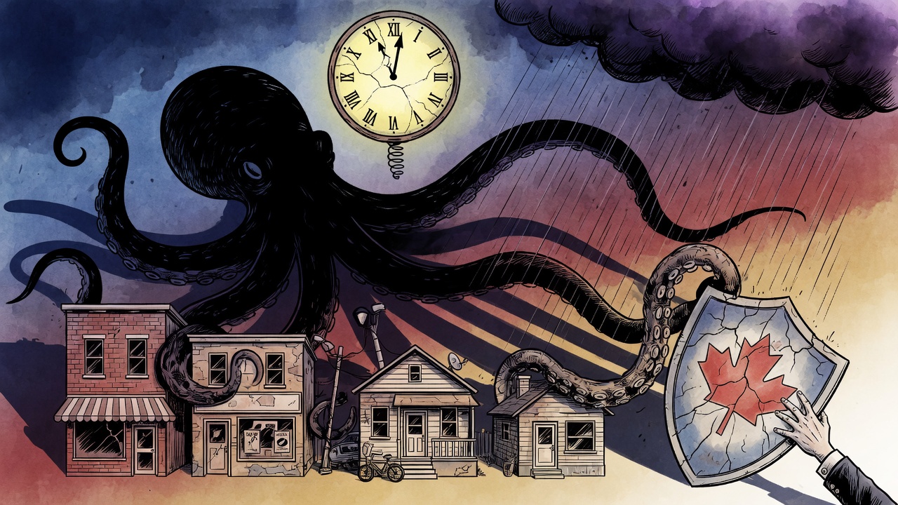 Editorial cartoon of a shadowy extortion octopus looming over small businesses as a cracked safety shield arrives late