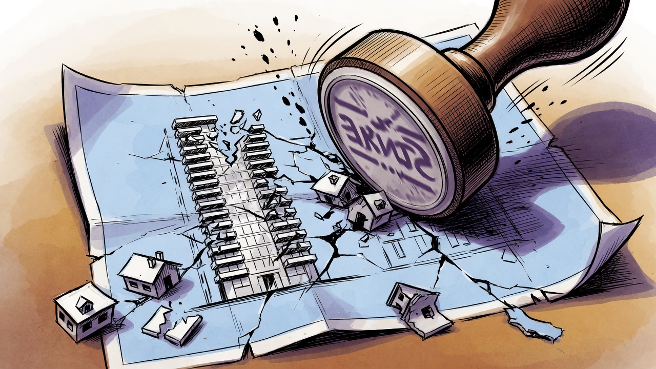 Editorial cartoon of a giant tax stamp crushing a cracked condo blueprint into fewer homes