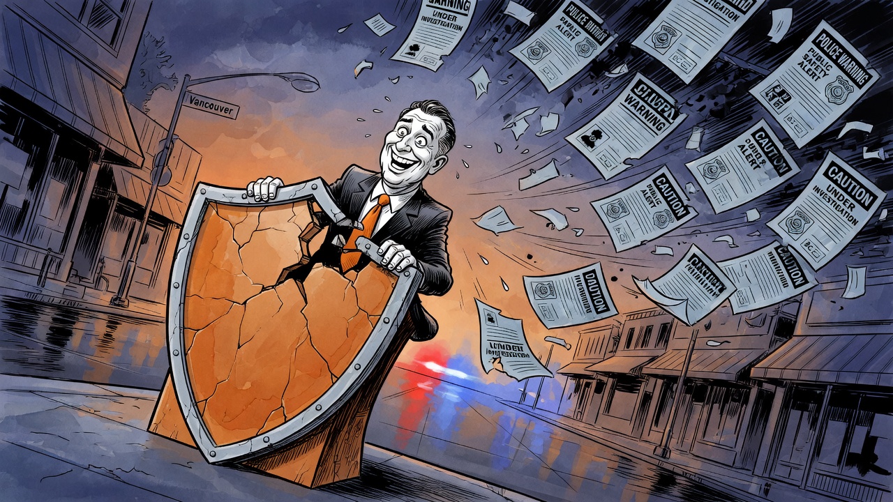 Editorial cartoon of a cracking safe-communities shield at a campaign podium as warning papers blow across a dark B.C. street