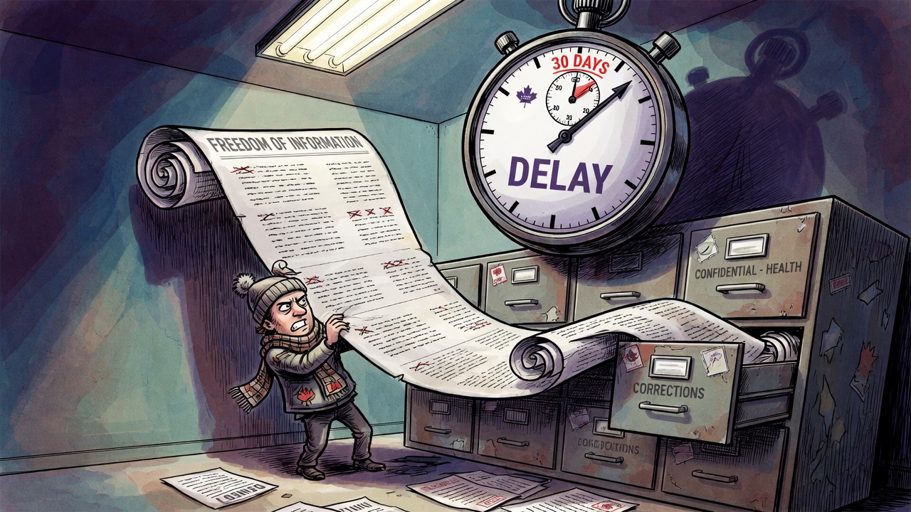 Editorial cartoon of a citizen pulling a long freedom-of-information scroll from a filing cabinet under a giant stopwatch shadow