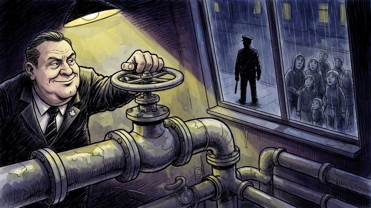 Editorial cartoon of a politician turning down a giant safety valve in a dark control room as neighbourhood silhouettes watch outside