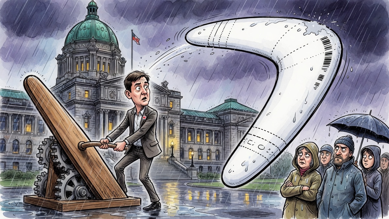 Editorial cartoon of David Eby pulling an election lever as a boomerang-shaped polling receipt swings back toward him near the B.C. legislature