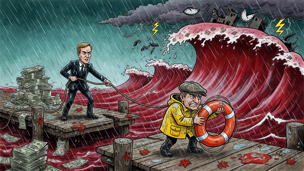 Editorial cartoon of small business owners on cracking docks facing a giant red-ink wave while a political figure offers a lifeline
