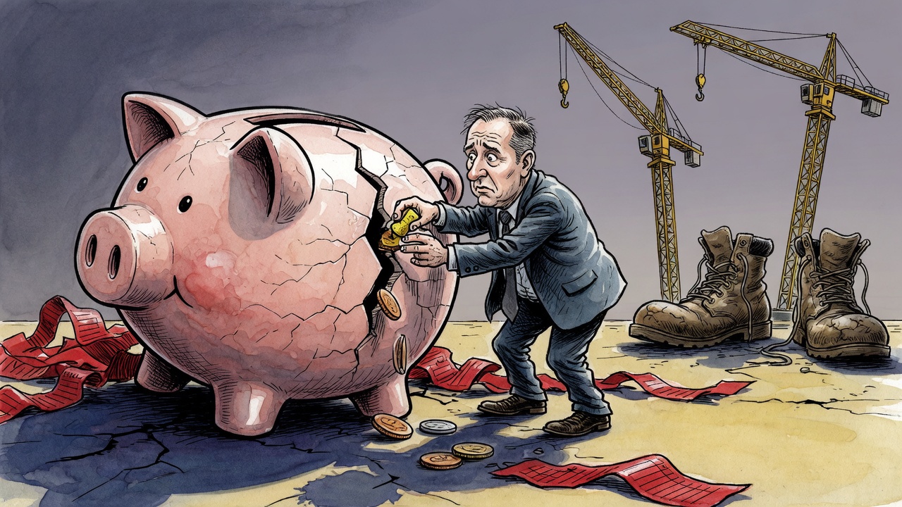 Editorial cartoon of a provincial premier trying to plug a cracked piggy bank while cranes and work boots sit behind him