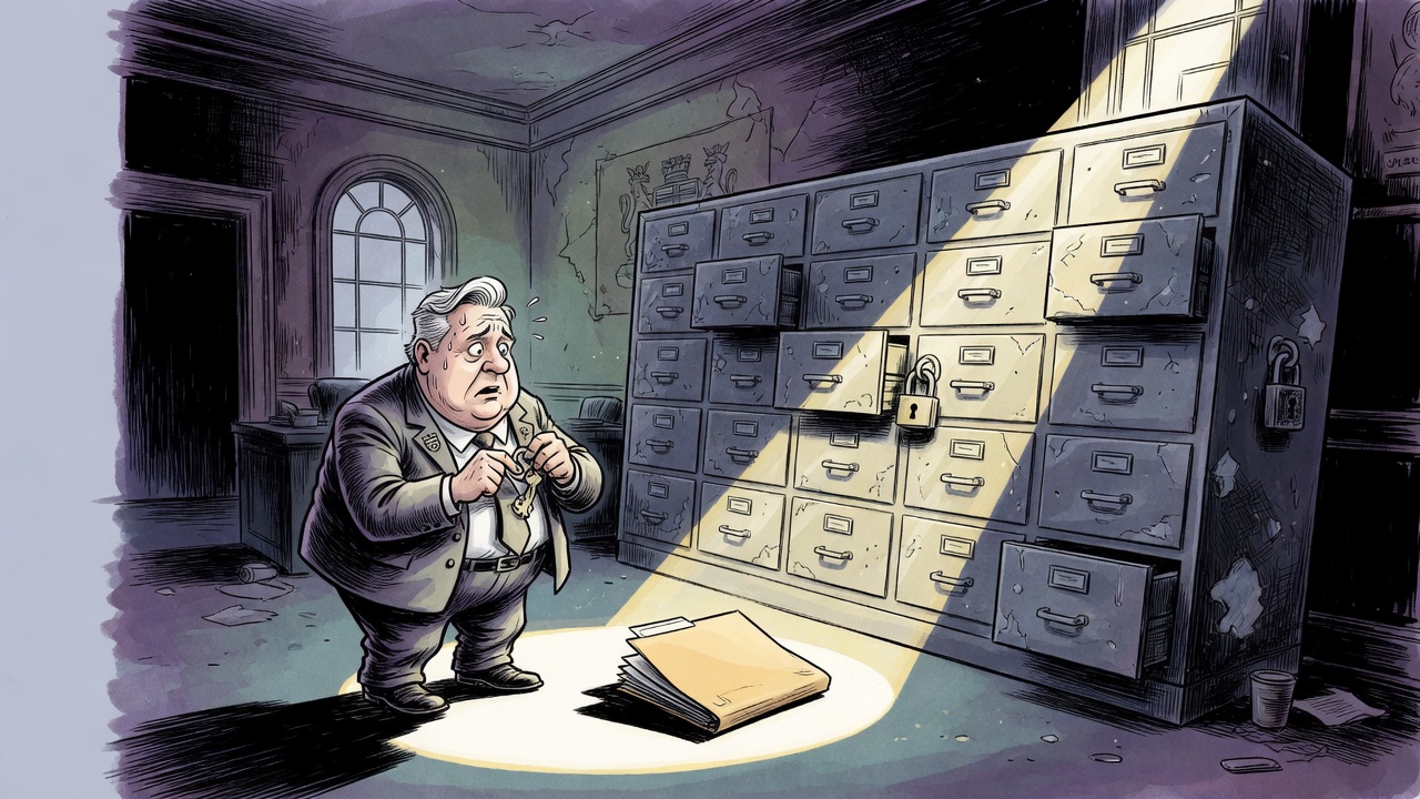 Editorial cartoon of a chained B.C. filing cabinet in shadow while light from a distant courthouse window falls on an evidence folder