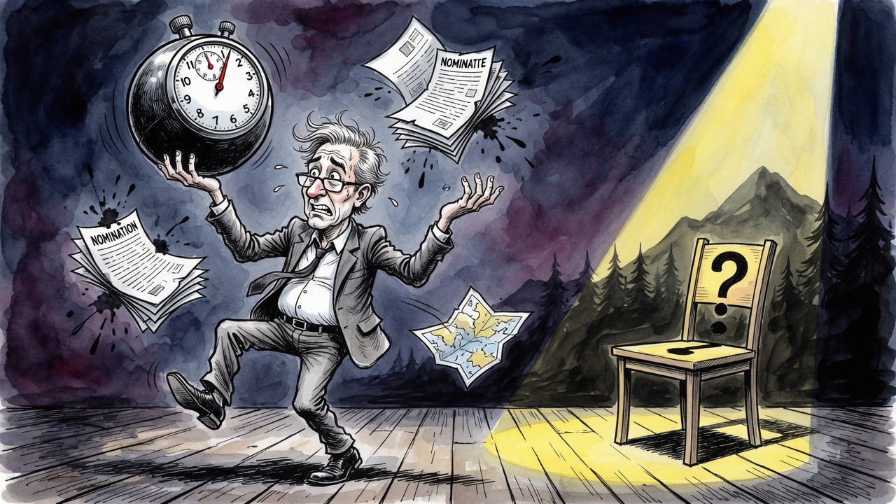Editorial cartoon of David Eby juggling an election clock and loose nomination papers while an empty chair sits under a northern spotlight