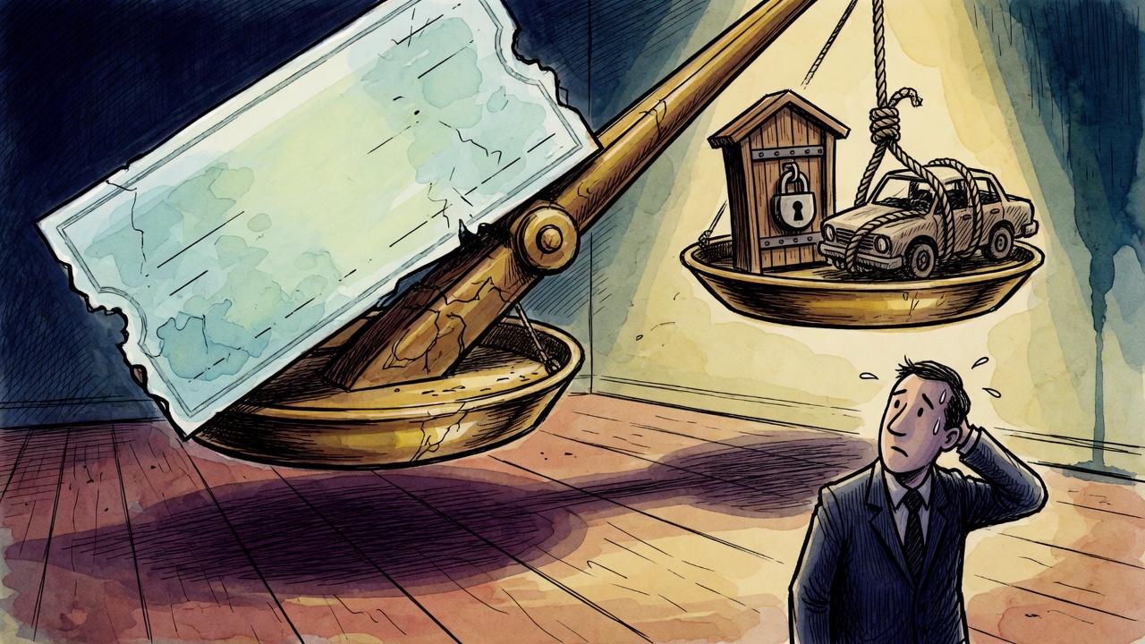 Editorial cartoon of a politician watching a brass scale weigh a blank ceremonial cheque against locked justice and insurance accountability symbols