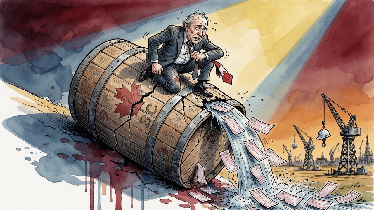 Editorial cartoon of a politician trying to plug holes in a cracked payroll barrel as paycheques spill toward Alberta work sites
