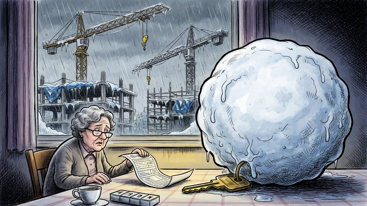 Editorial cartoon of a worried senior at a kitchen table as a property tax paper curls into a snowball over a house key