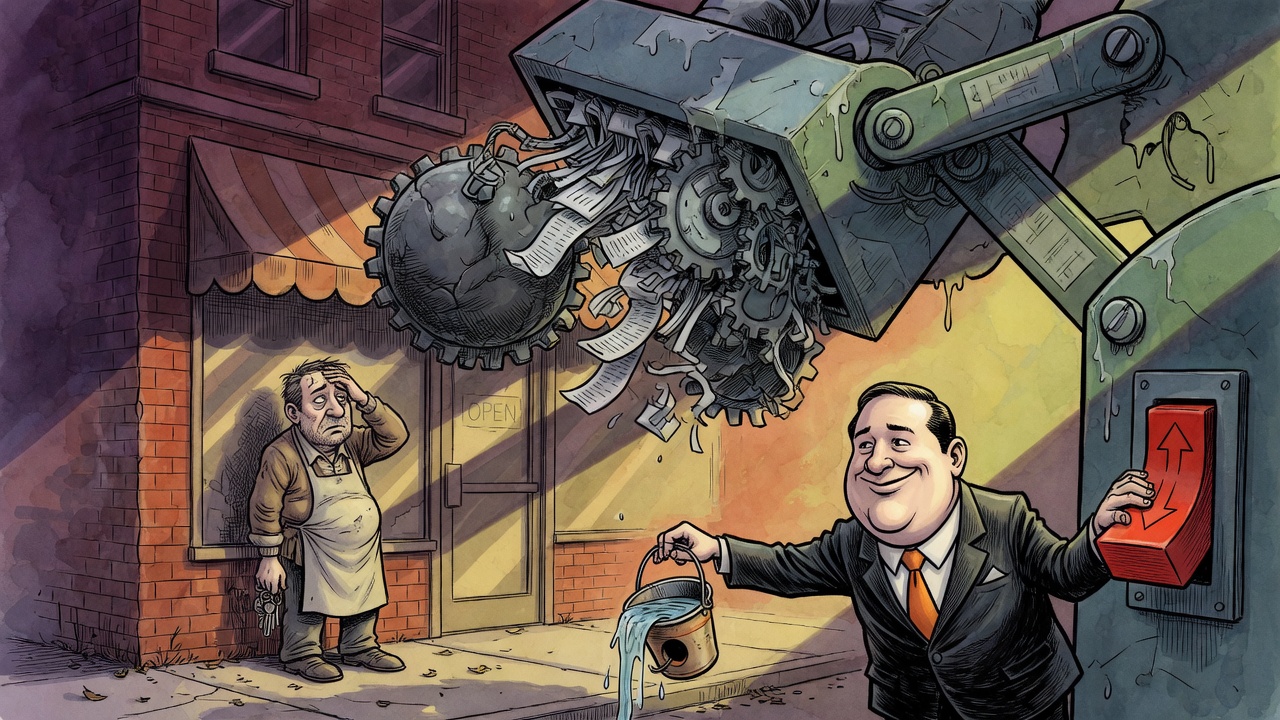 Editorial cartoon of a small business owner trapped beside a storefront under a giant government cost machine while a politician offers a tiny bucket