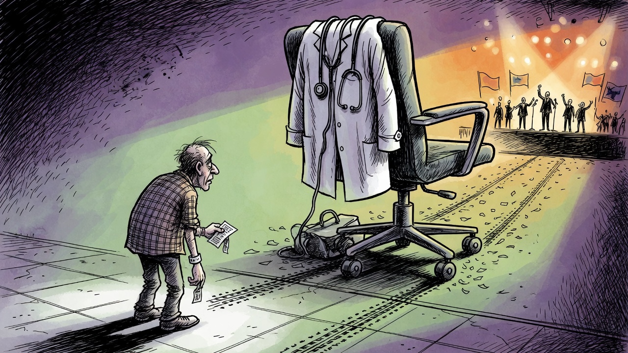 Editorial cartoon of a patient holding a ticket beside an empty doctor chair rolling away toward a campaign stage