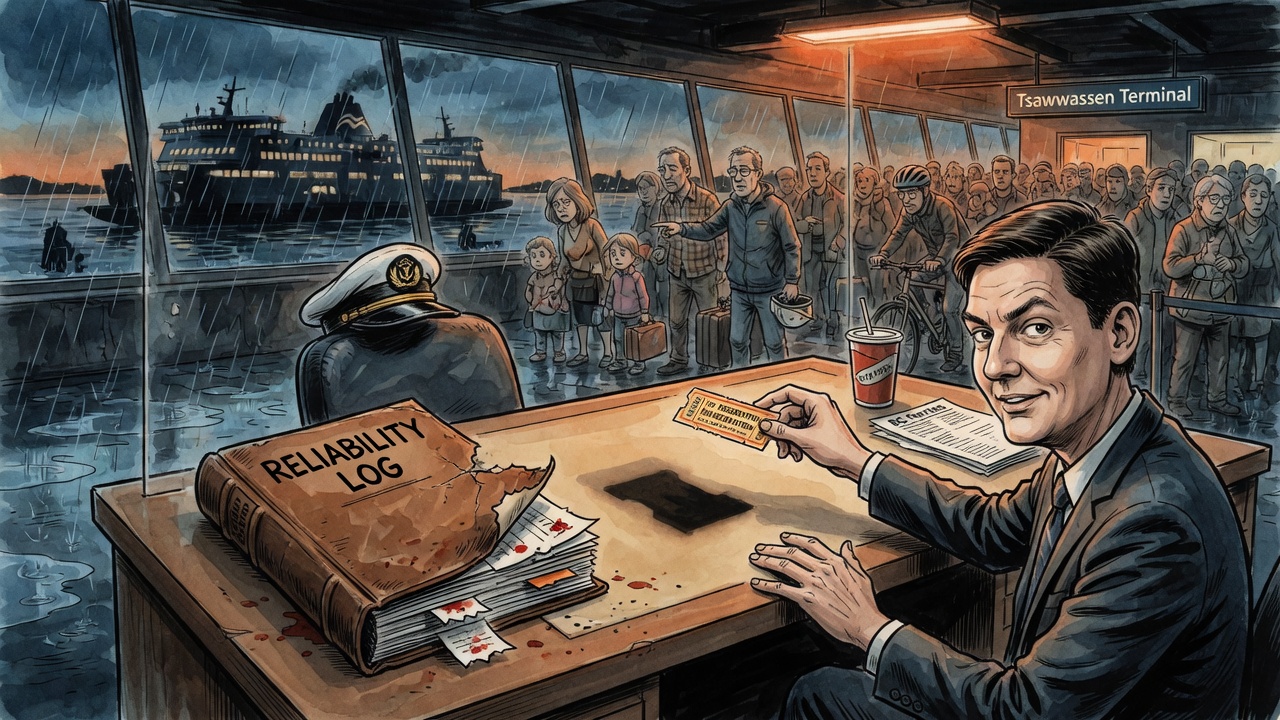 Editorial cartoon of a crowded ferry terminal while a tiny reservation ticket is offered and the larger reliability ledger is missing