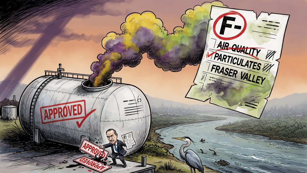 Editorial cartoon of an approved LNG tank whose emissions form an overdue air-quality report over the Fraser River