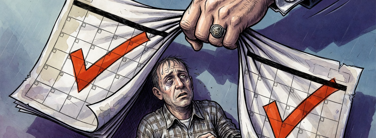 Editorial cartoon of a worried voter pinned between two election calendar pages