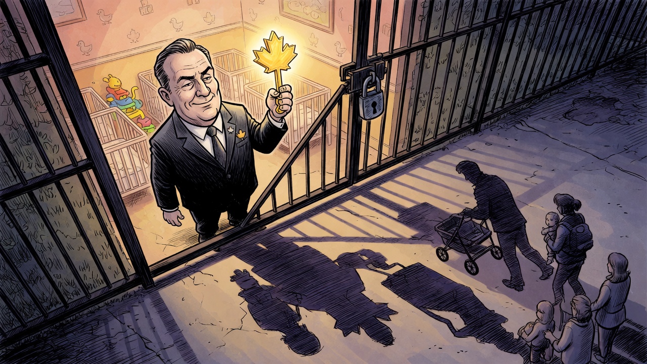 Editorial cartoon of a politician holding a golden childcare key while parents wait outside a locked gate