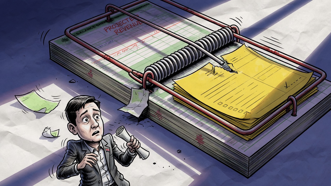 Editorial cartoon of a worried premier figure beside a giant mousetrap made of financial papers