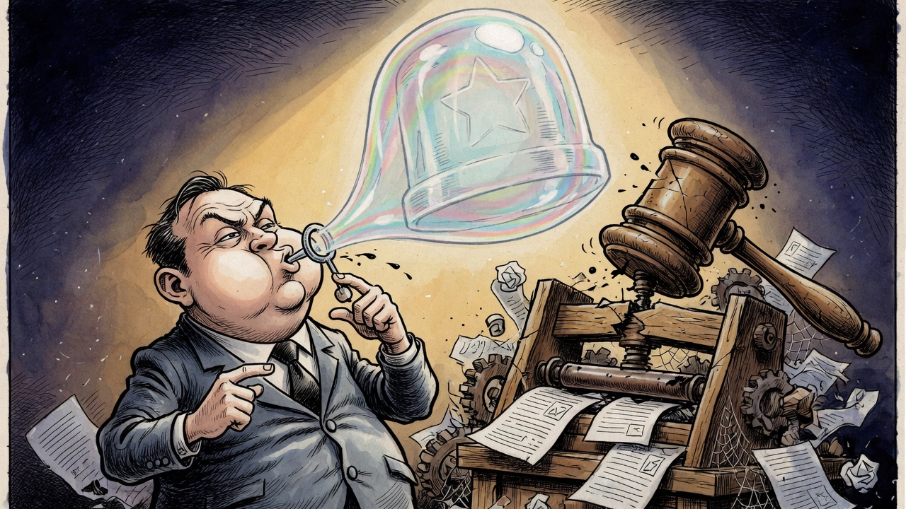 Editorial cartoon of a premier-like figure inflating a public-safety siren bubble while courthouse machinery jams behind him