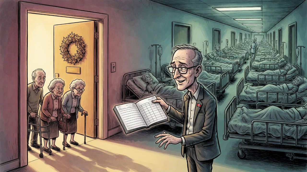 Editorial cartoon showing a dignified seniors-care doorway beside an overcrowded hospital hallway, while a premier-like figure holds a small bed ledger
