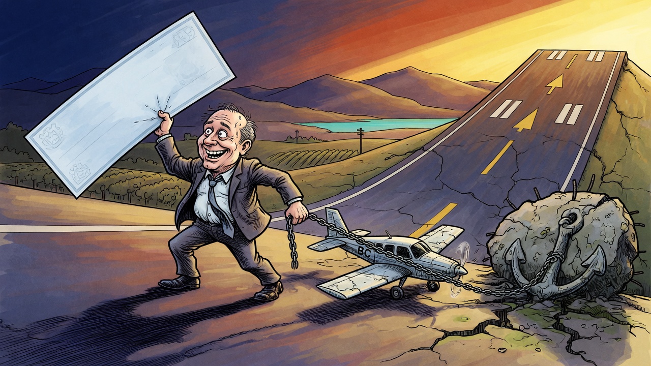 Editorial cartoon of a premier figure hauling a small airplane chained to a giant debt anchor up a tilted runway with Okanagan mountains behind