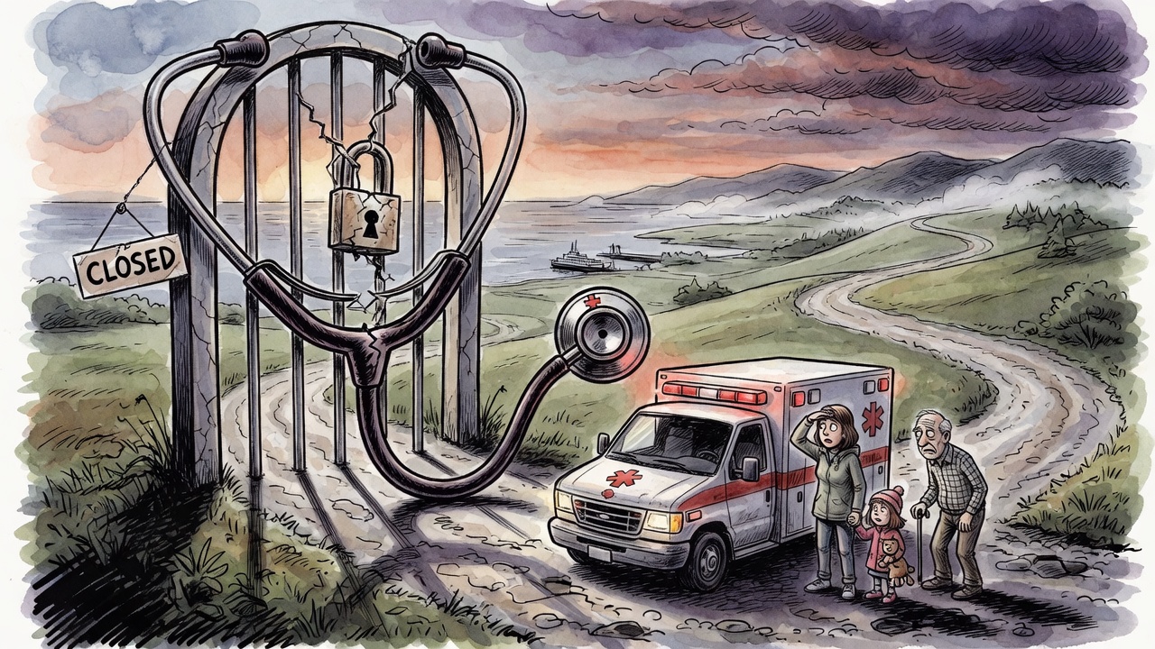 Editorial cartoon of a locked rural emergency entrance shaped by a broken stethoscope while an ambulance faces a long coastal road