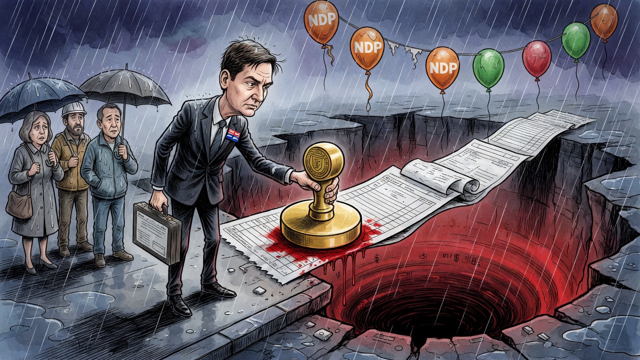 Editorial cartoon of a premier figure stamping papers beside a red budget sinkhole as taxpayers watch