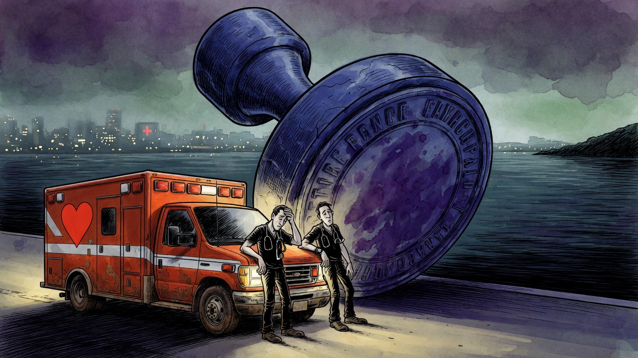 Editorial cartoon of an ambulance blocked by a giant bureaucratic stamp while a distant hospital glows across the water