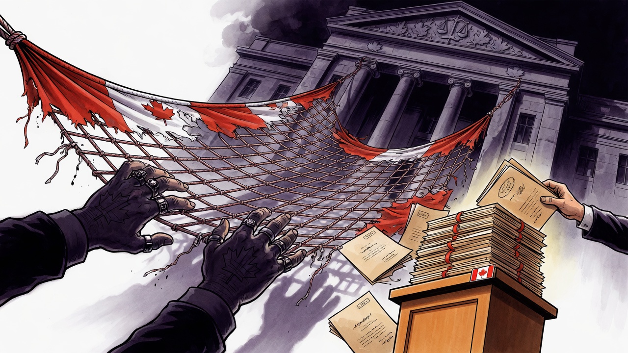 Editorial cartoon of a frayed public-safety net beneath a courthouse while shadowy gang hands pull at it and campaign files arrive late