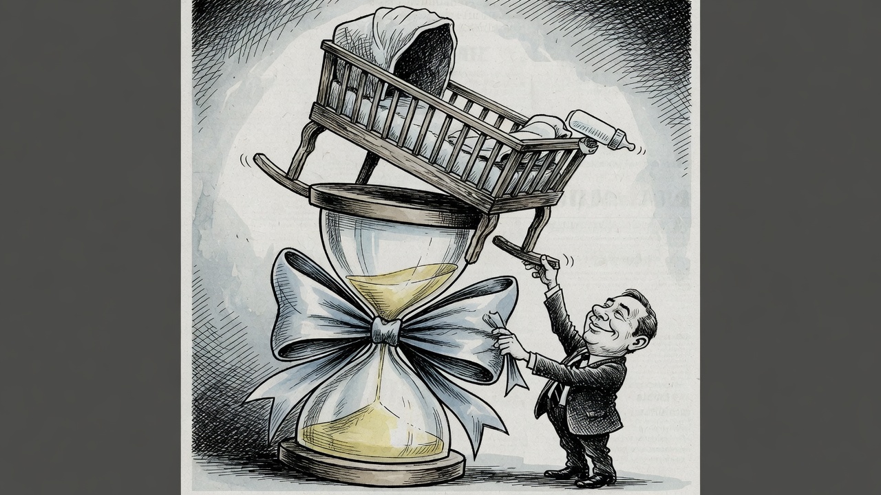 Editorial cartoon of an empty maternity bassinet balanced on an hourglass while a politician offers a ribbon instead of support