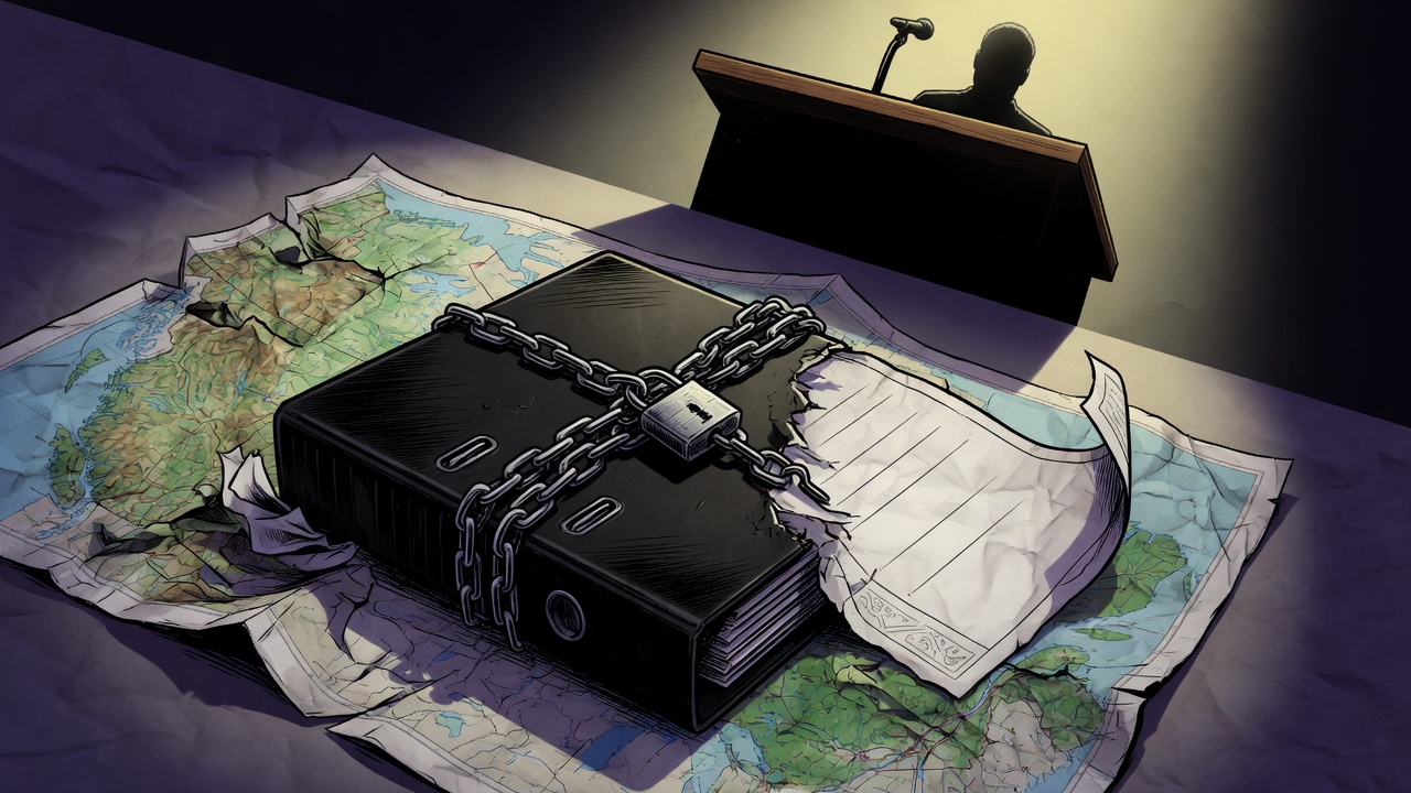 Editorial cartoon of a locked confidential binder chained over a torn public land map beside a campaign booklet with a page missing