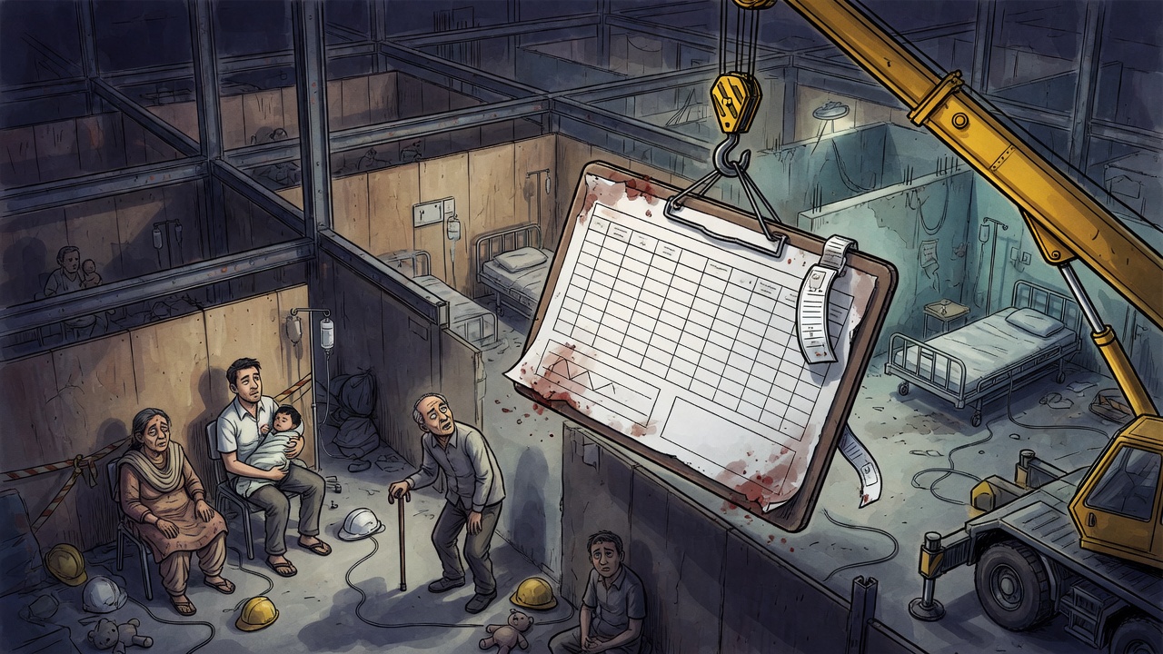Editorial cartoon of a hospital construction crane lowering a blank oversized patient chart above crowded hospital beds