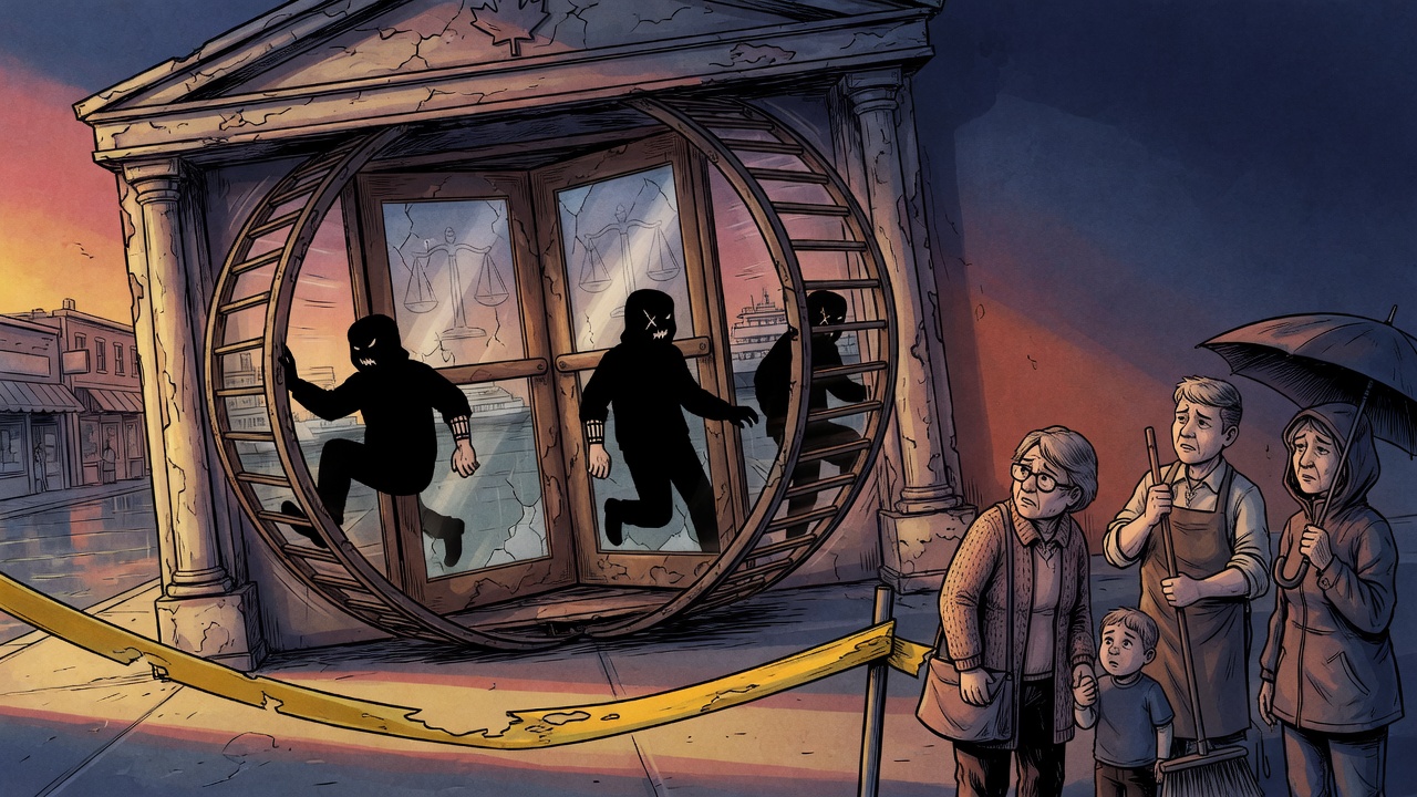 Editorial cartoon of a courthouse revolving door while families and shopkeepers wait behind a sagging safety barrier